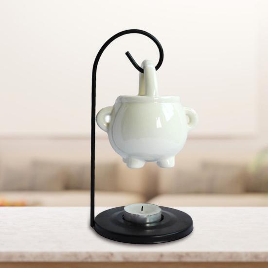 Hanging Pagan Cauldron Oil Burner Wax Warmer Aroma Diffuser with Handle Ceramic Tealight Candle Holder Witch Halloween Decoration