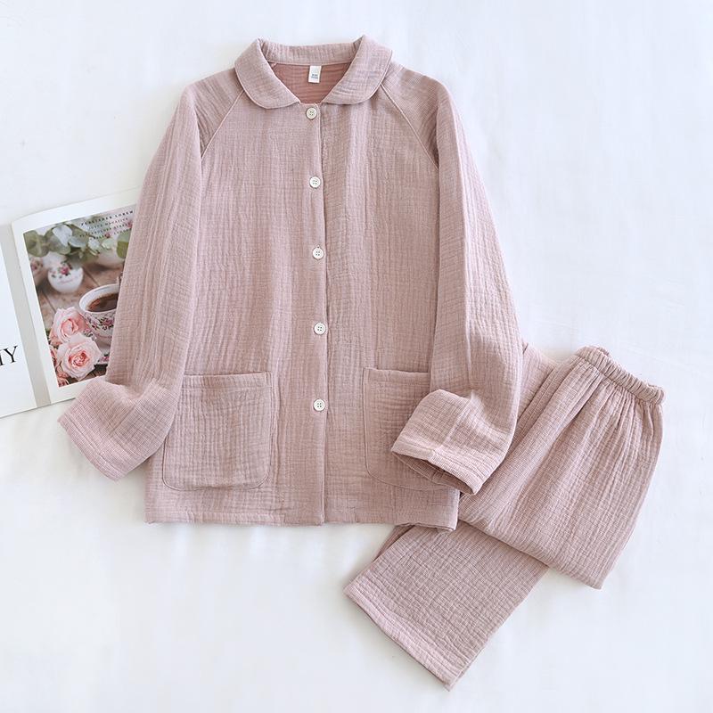 Set pigiama primaverile per coppia: Spesso Plaid in Puro Cotone, Manica Lunga da Donna e da Uomo, Vestibilità Ampia
