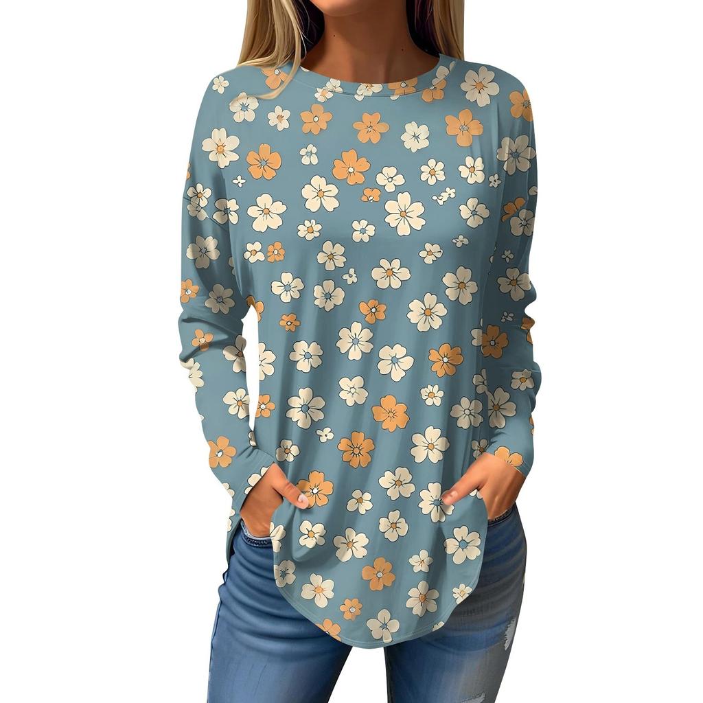 Women's Loose Round Neck Print Long Sleeve T-Shirt Top Pullover