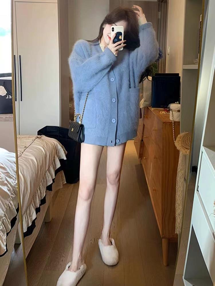 Velvet Coffee Raccoon Japanese Retro Loose Knitted Cardigan Sweater - Mid-Length, Spring & Autumn Style