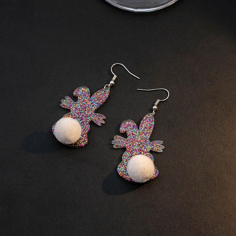 Acrylic Rabbit Plush Ball Drop Earrings Colorful Sequins Charm Earrings Jewelry