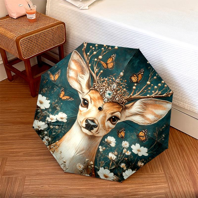 

1 PC Automatic Folding Umbrella - Deer with Flowers Pattern, Portable & Foldable Design with 8 Ribs, Christmas Birthday Gifts