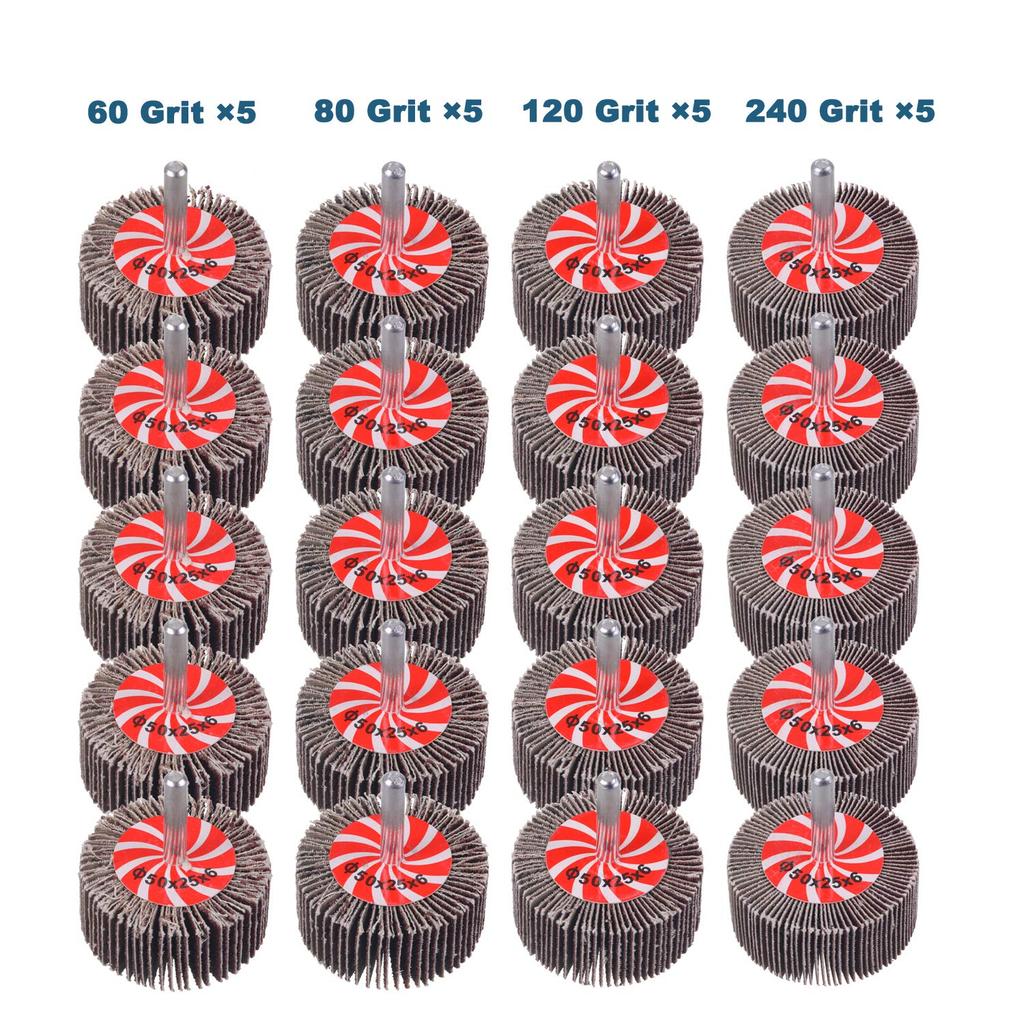 20 Pack Abrasive Flap Wheel Sander Set, Mixflor 2”X 1” X1/4” Shank Flap Wheels–5 Pcs of Each 60 80 120 and 240 Grits Aluminum Oxide Flap