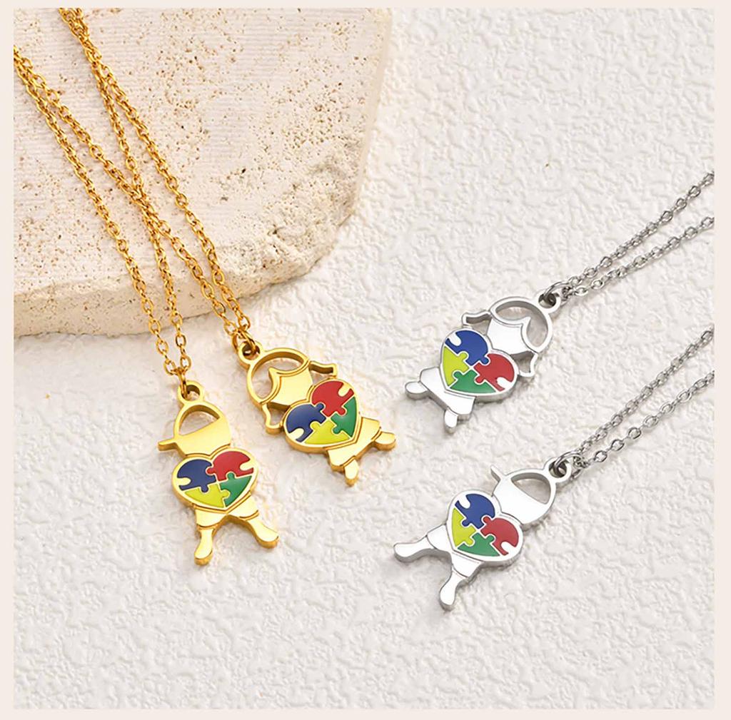 Stainless Steel Heart Puzzle Necklace for Autism Awareness, Gift for Autism Mom Teacher, Teens Girls Boys Jewelry