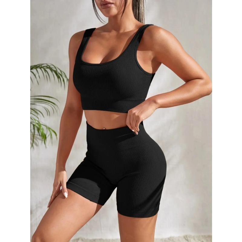 Nahtlose gerippte Yoga-Sets, Workout-Sets für Frauen, 2-teilig, Fitnessstudio-Anzüge, geripptes Crop-Tanktop, Shorts mit hoher Taille, Outfits für Fitness und Laufen
