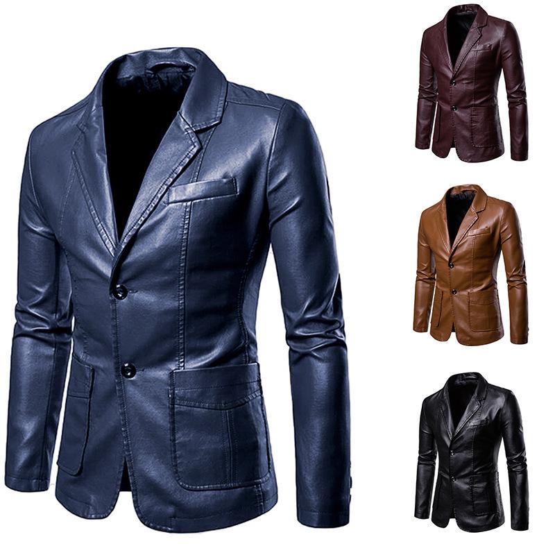 New men's slim lapel solid color PU small suit men's lapel leather jacket suit casual jacket