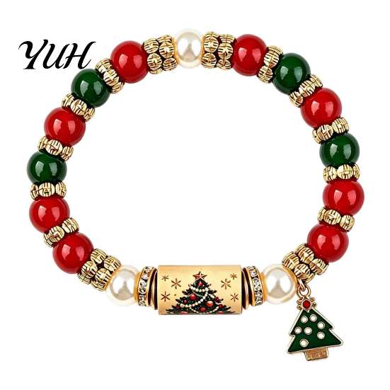 Alloy Beaded Jewelry for Christmas Bracelet, Elastic Stretch Bracelet with Xmas Holiday Collection Tree Charm, Gifts Women Men Festive Santa