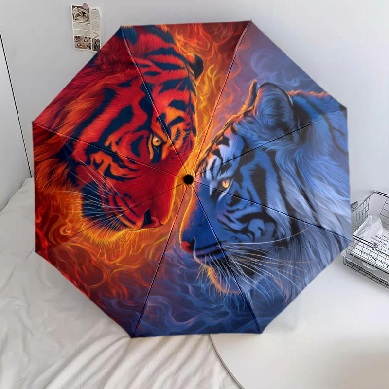 Tiger and Rooster  pattern, automatic folding umbrella, portable and foldable design, 8 ribs, a Christmas or birthday gift.