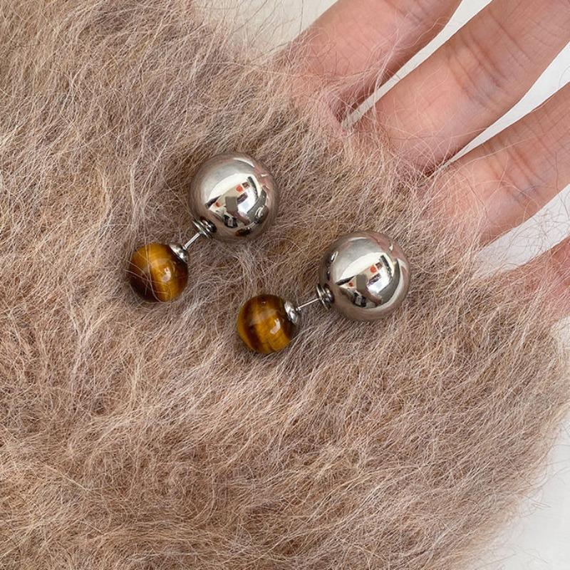 Silver Needle Explosive Tiger's Eye Stone Pendant Earrings Maillard Retro Temperament Versatile Earrings Light Luxury Premium Earrings Women
