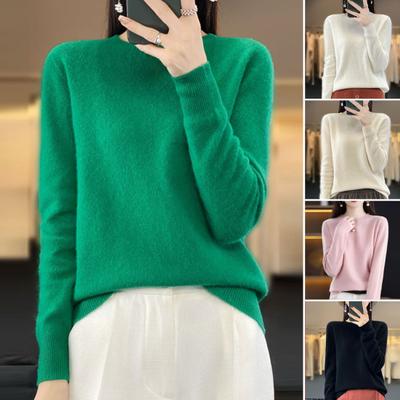 Women Knitted Sweater Round Neck Long Sleeve Ribbed Trim Pullover Sweater Solid
