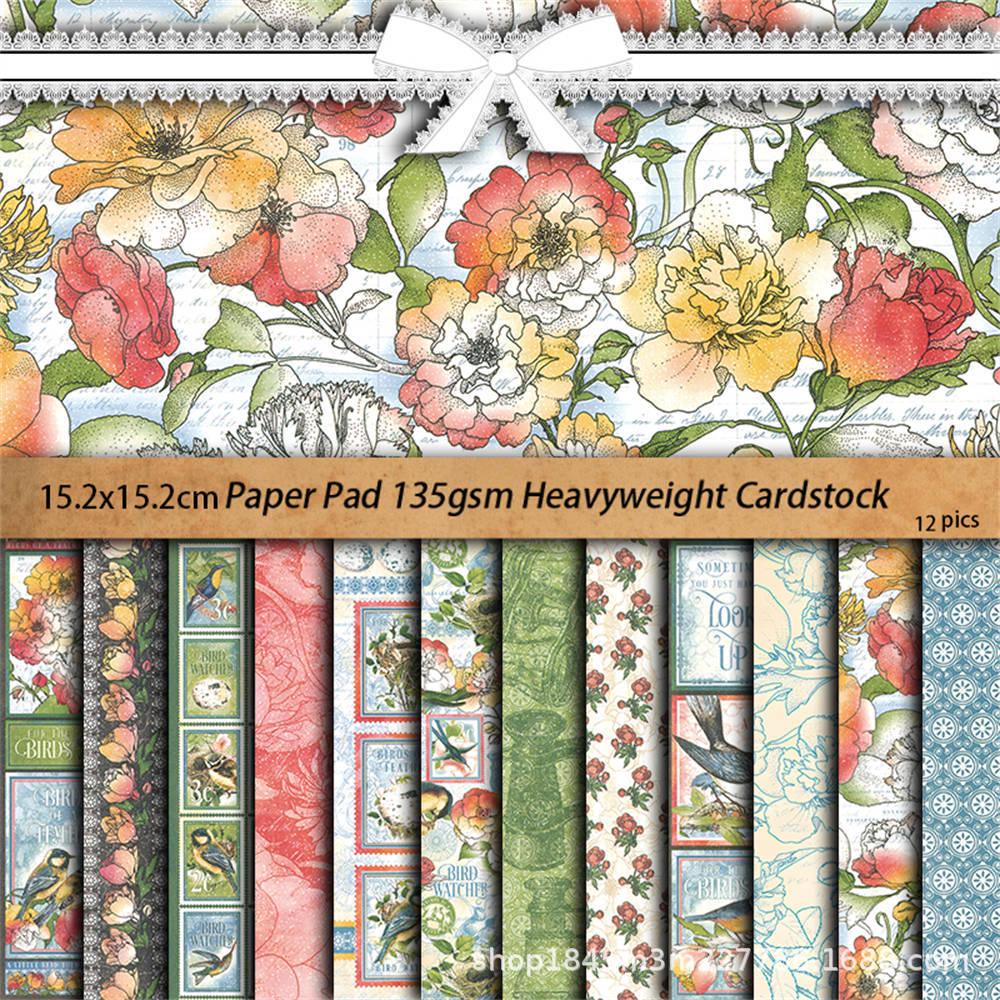 12 Sheets Retro Bird & Flower Background Paper for Journaling and Collage.