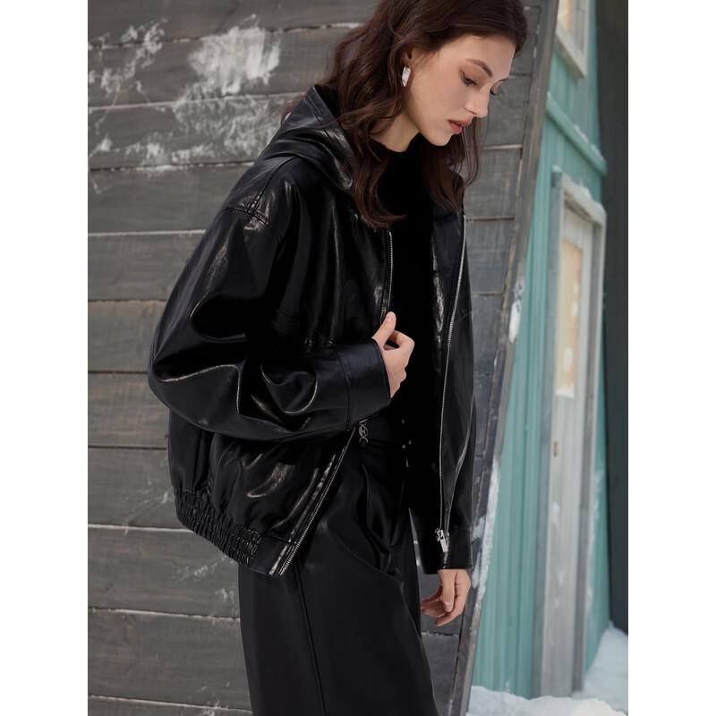 ELLE Women's Hooded Faux Leather Short Jacket
