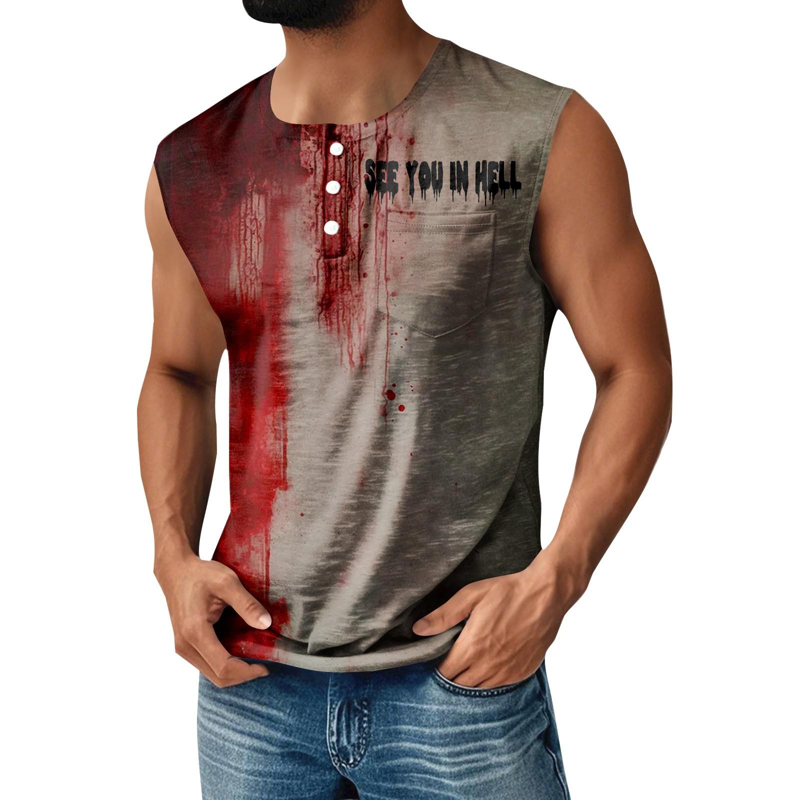 

Men s Halloween Printed Sports Button Pocket Sleeveless Vest XXL червоний