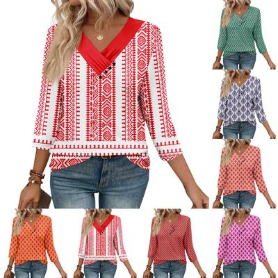 Womens 3/4 Sleeve Daily Weekend V Neck Casual Printed Tshirts Loose Fit Pleated Tees Button Down Shirts