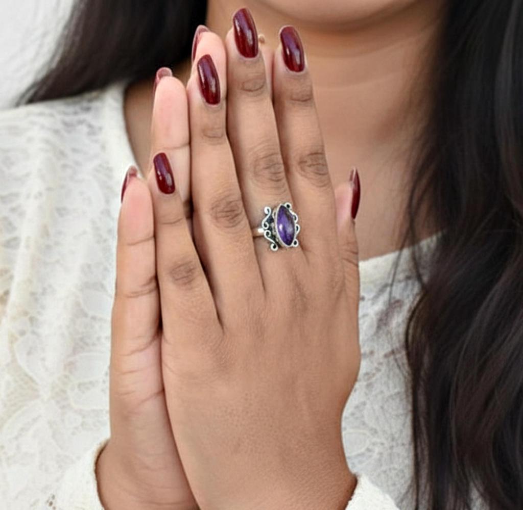 Marquise Shape Purple Amethyst Ring, 925 Sterling Silver, Statement Bohemian Jewelry for Women