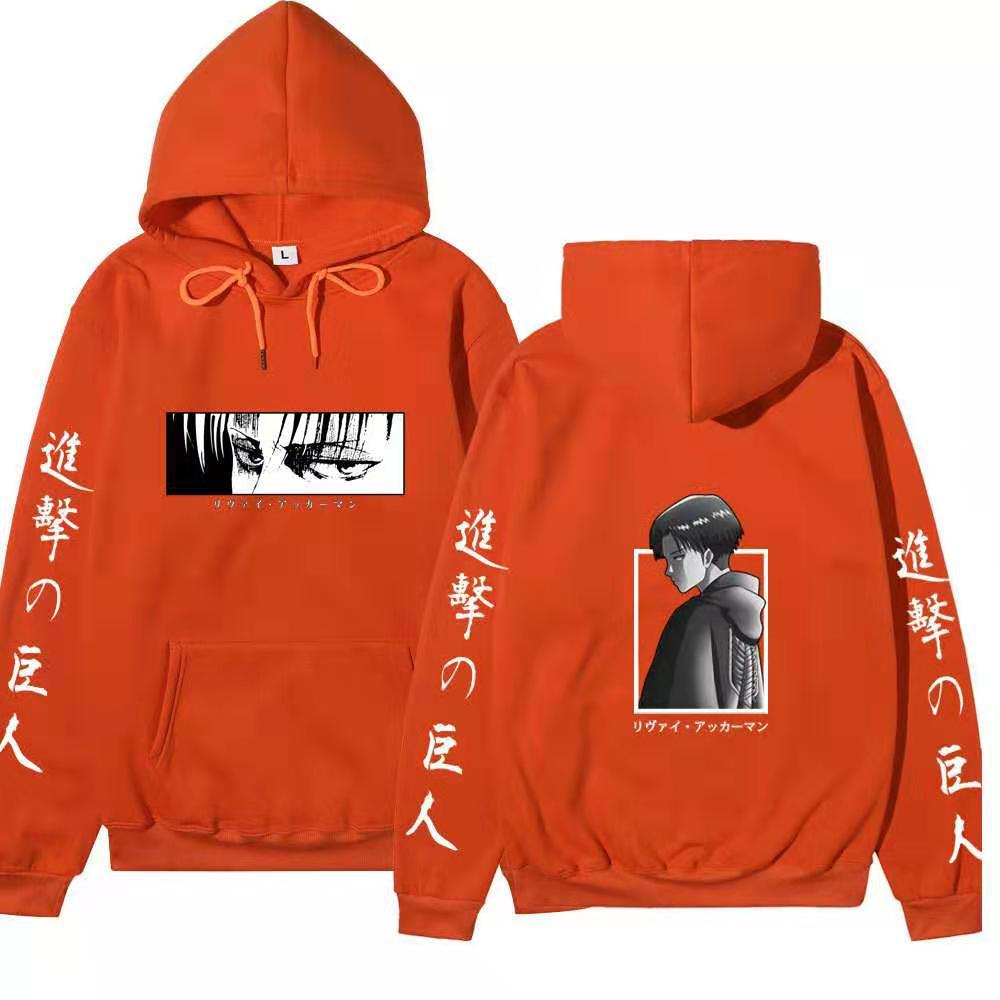 Attack On Titan Levi Ackerman Hoodie Unisex Fleece Sweatshirt Front Manga Eyes Print, Back Levi Portrait, Japanese Sleeve Text Autumn Winter Pullover