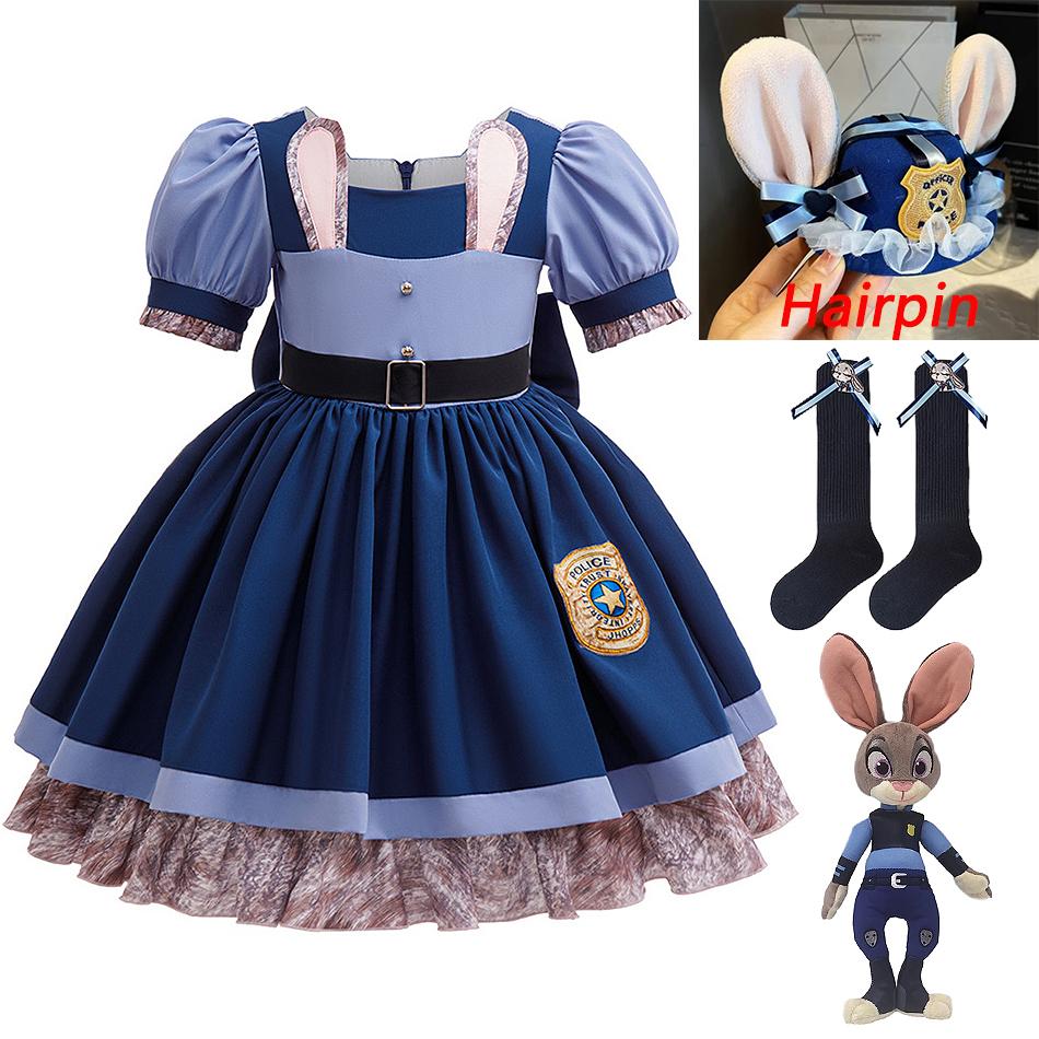Judy Cosplay Princess Dress Girls Officer Bunny Role Play Frocks Children Carnival Birthday Halloween Party Costumes