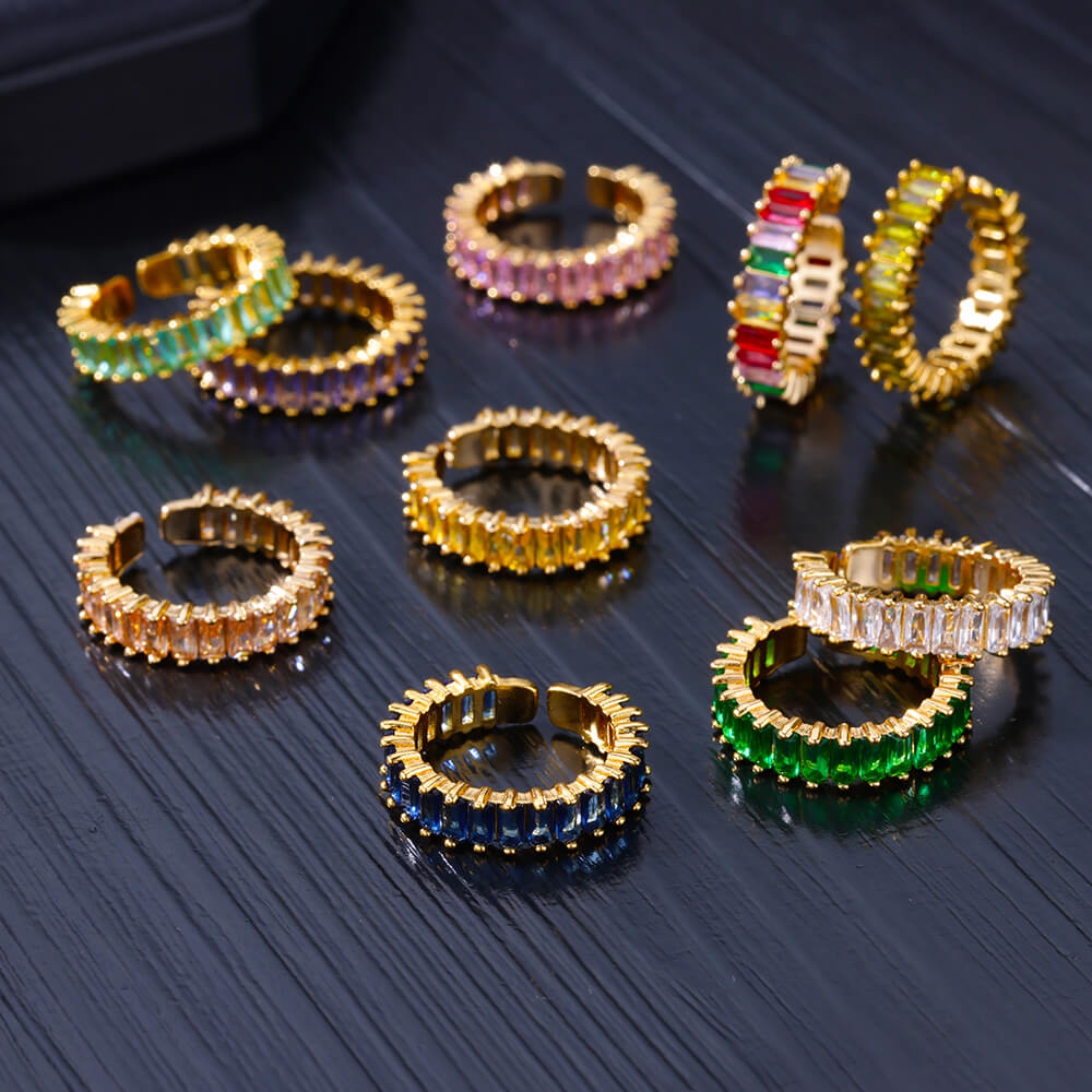 Gold Plated Cubic Zircon Rings For Women Open Stainless Steel Green Luxury Crystal Finger Ring Boho Jewelry Wedding Party Gift