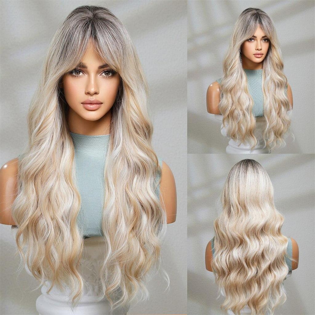 Synthetic Balayage Pink Brown Long Wavy Wig for Women with Bangs Party Cosplay Lolita Heat Resistant Fibre Hair Wigs