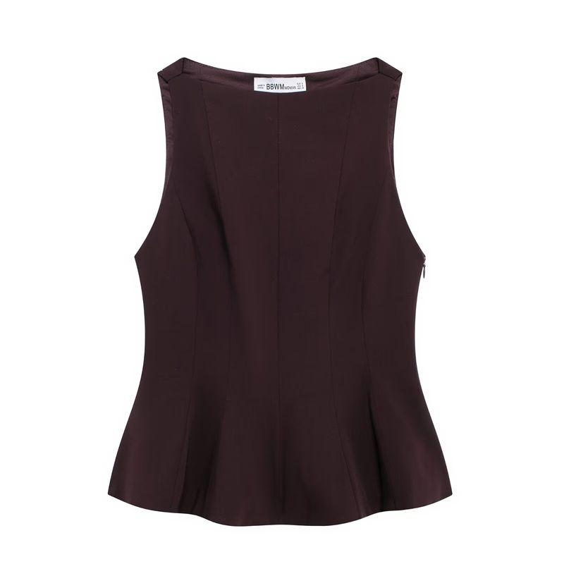 Kaslead New Arrival Women's Clothing Fashion Style Ruffles Hem Round Neck Sleeveless Silm Tops 4661124