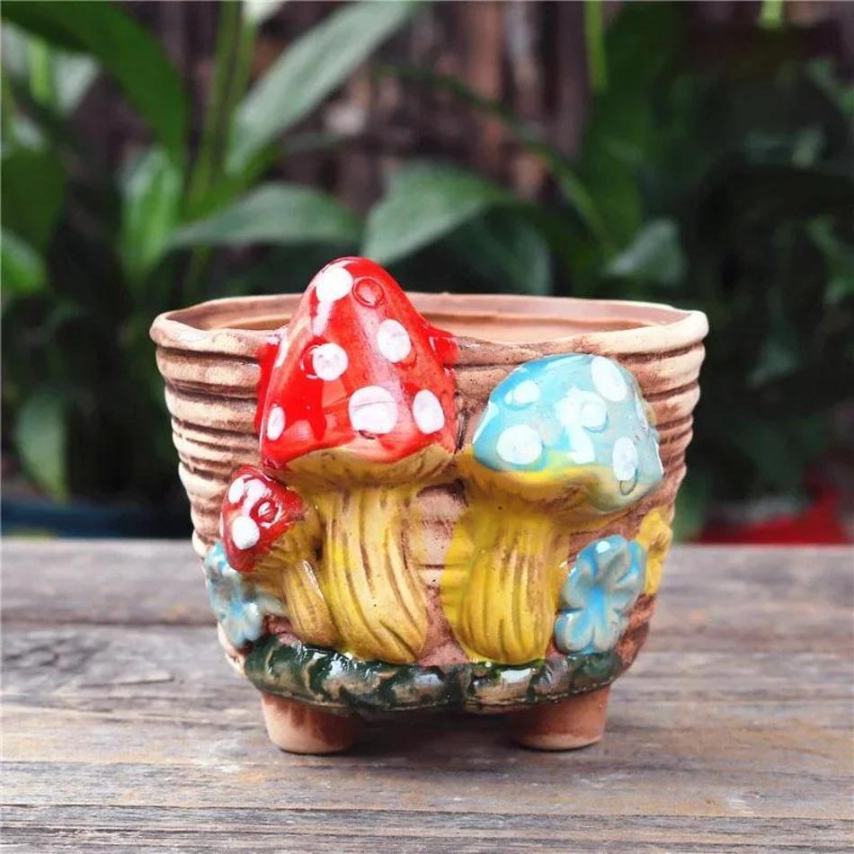 Mushroom Stoneware Succulent Flower Pot Living Room Decoration Planter Vintage Handicrafts Bonsai Pots Fairy Garden Personality