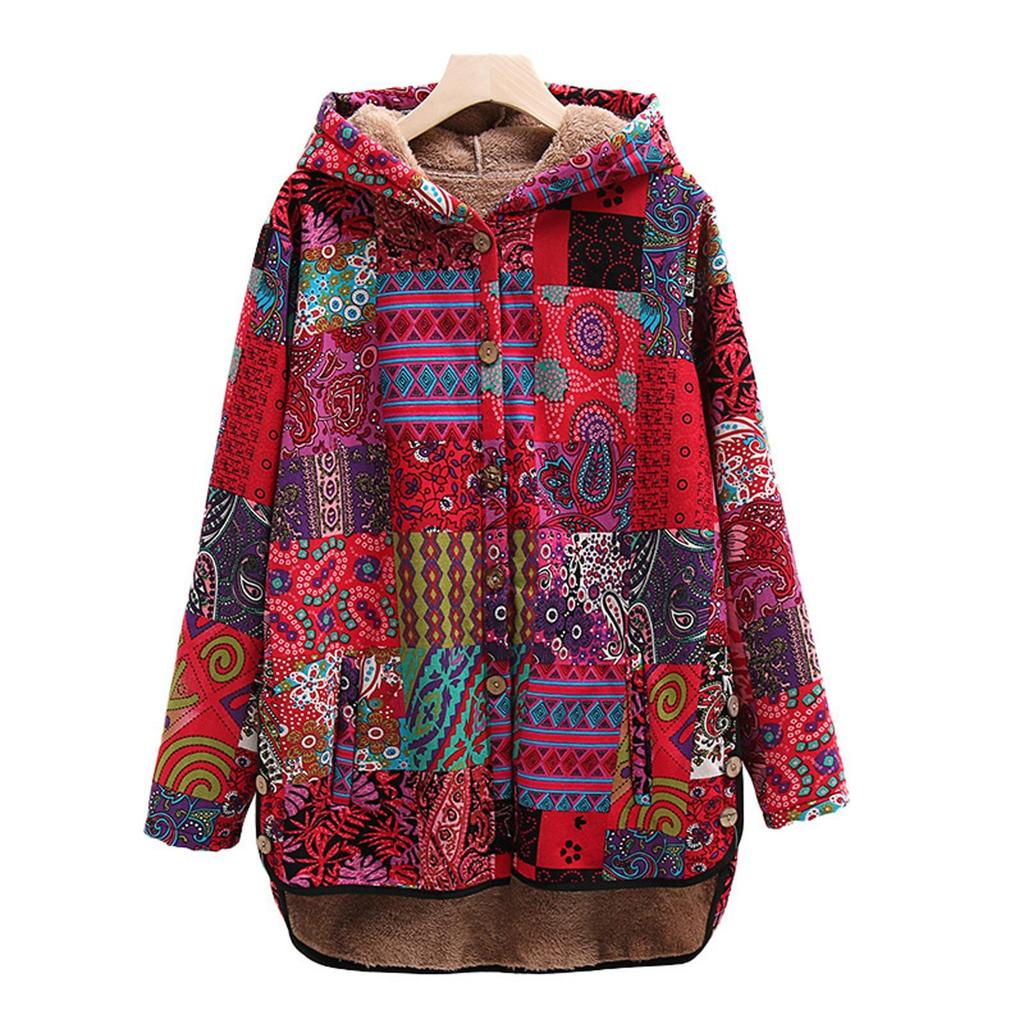 (SU)Damen-Pullover mit Kapuze und Taschen, ethnisch bedruckt, gepolstert, langärmelig, mittellange Jacke