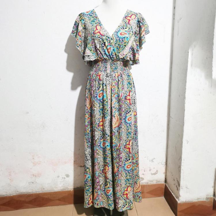 Dámské letní šaty s květinovým potiskem, výstřihem do V, volánovými krátkými rukávy, ležérní, s vysokým pasem, áčkového střihu, bez zad, s rozparkem, ke kotníkům, jarní šaty