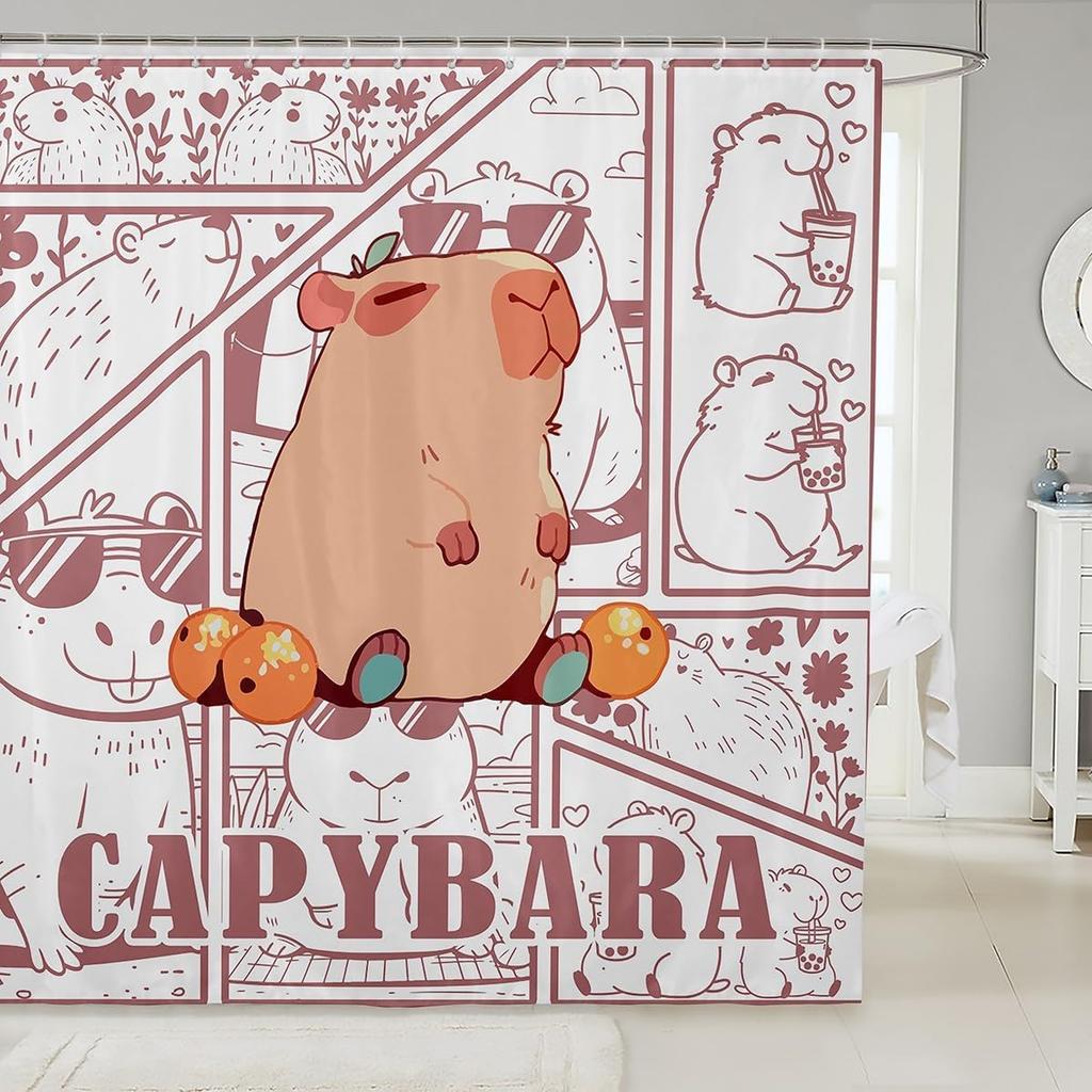 Lovely Capybara Fabric Shower Curtain, Cute Pet Rodents Shower Curtains for Bathroom Murine Animal Capybara Print Animals Lovers