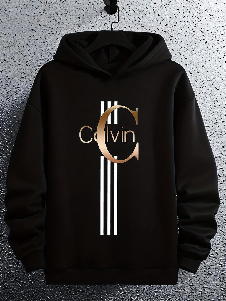 CALVIN Paris Striped hoodie - 100% Polyester Thick Warm Pullover with Golden Logo
