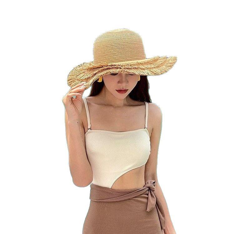 Ins Internet celebrity new three-layer rough edge spring summer women's sunscreen straw hat travel outdoor visor fashionable bucket hat