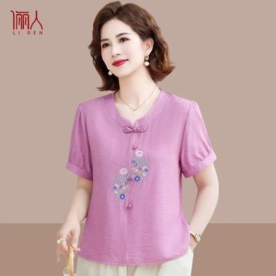 Middle-Aged Women's Purple V-Neck Short Sleeve Blouse Chinese Knot Button Floral Embroidered Comfortable Casual Summer Mom Shirt