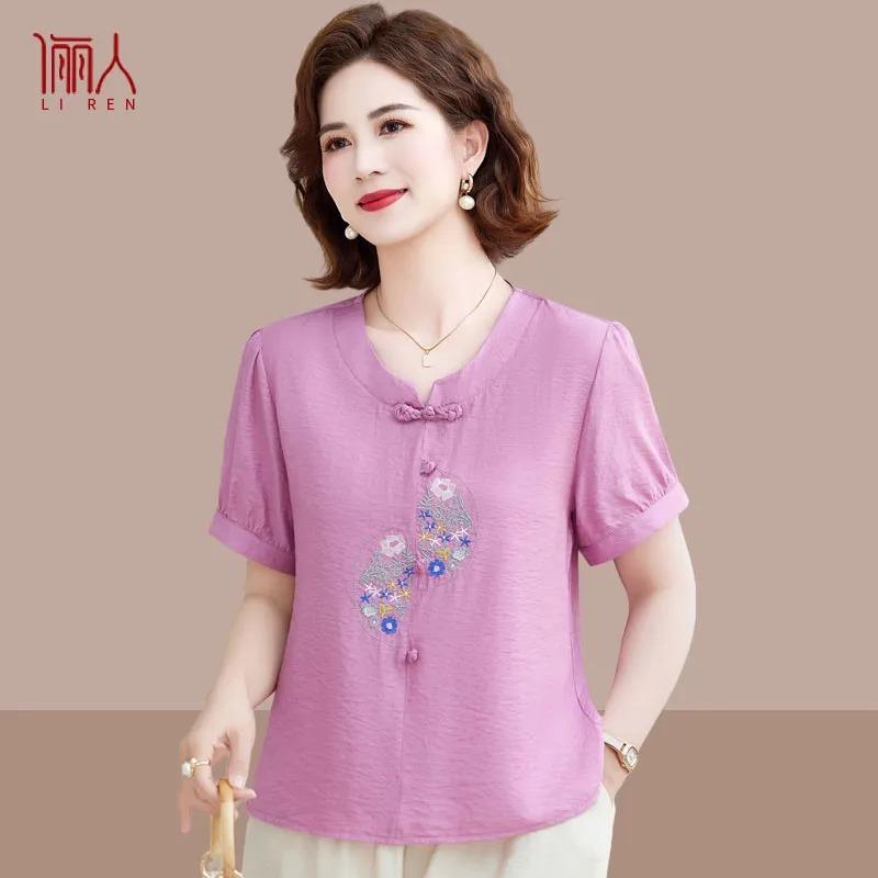

Middle-Aged Women s Purple V-Neck Short Sleeve Blouse Chinese Knot Button Floral Embroidered Comfortable Casual Summer Mom Shirt XL розовый
