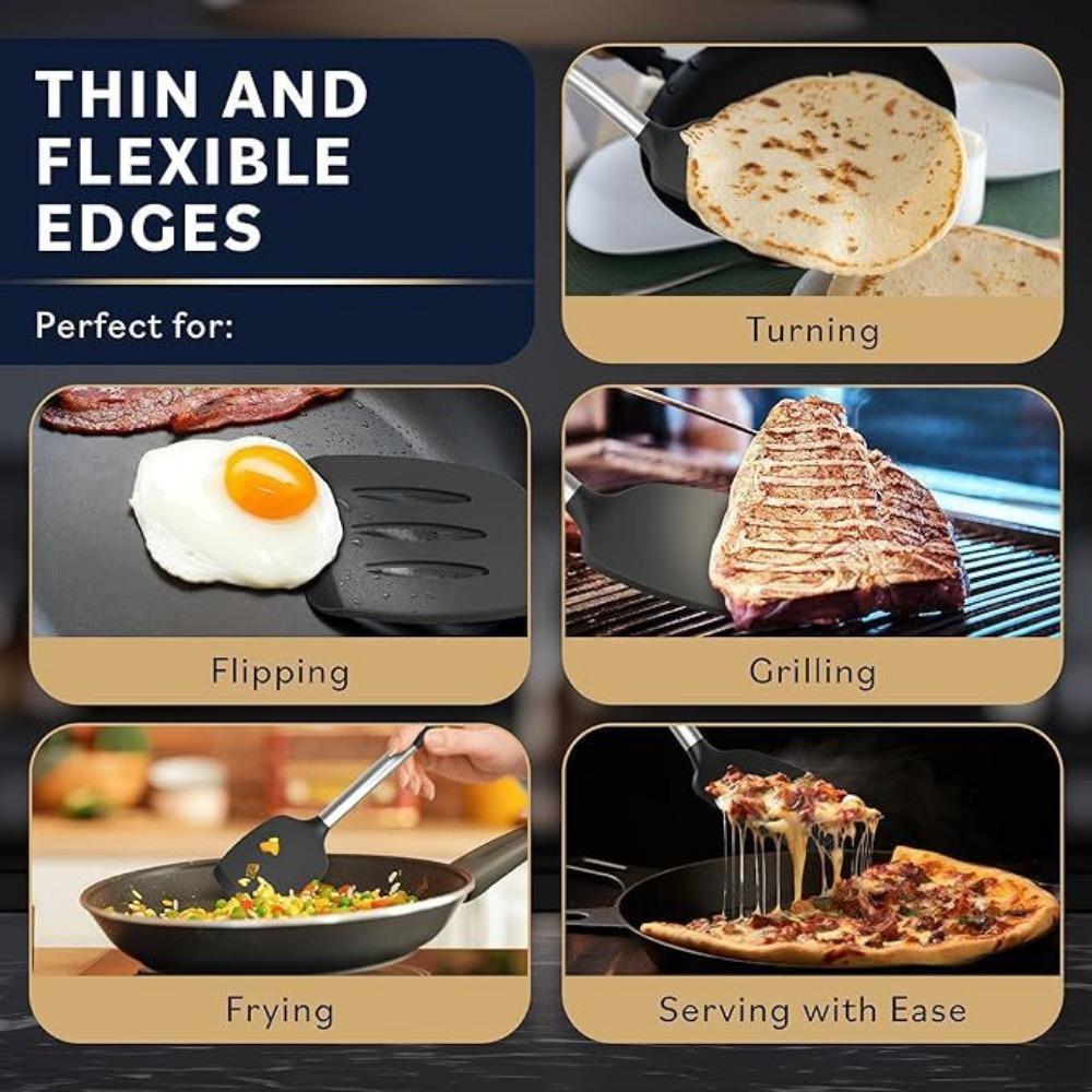 Pack of 2 Silicone Solid Turner, Non Stick Slotted Kitchen Spatulas, High Heat Resistant Cooking Utensils, Ideal Cookware for Fish, Eggs, Pancakes