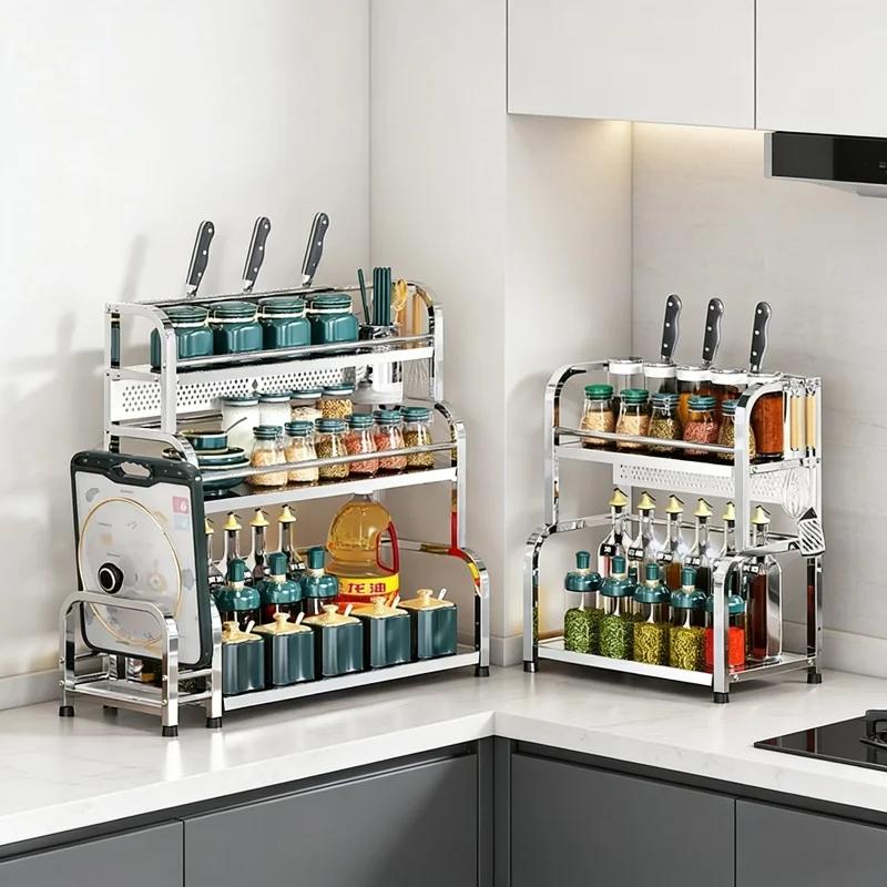 Kitchen 2/3 Layer Stainless Steel Organizer Spice Rack Seasoning Storage Frame Knife Chopsticks Arrangement Household Daily Use