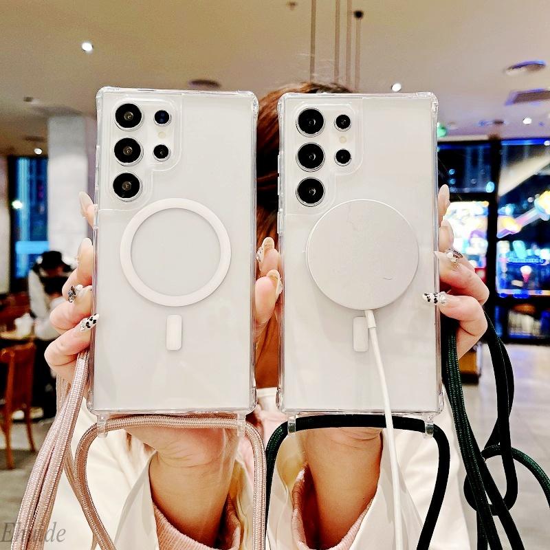 Magnetic Strap Case For Samsung Galaxy S26 Ultra S23 S24 Plus S25 Plus Crossbody Lanyard Clear Wireless Charging Clear Cover