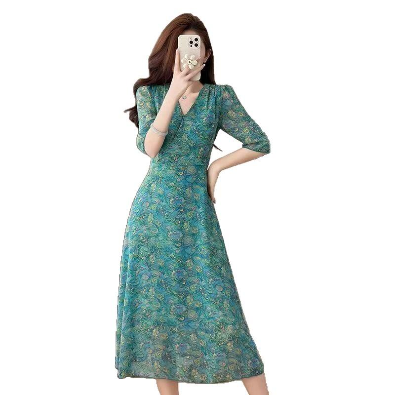 Summer Chiffon Wavy V-neck Bubble Sleeve Dress for Women's Fashion Breathable Slim A Word Medium and Long Dress