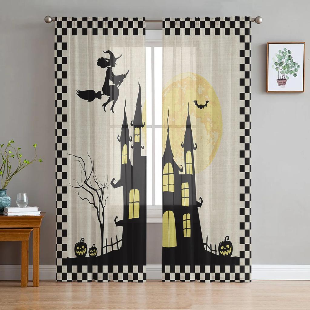 Halloween Bat Pumpkin Curtain Window Tulle Living Room Bedroom Kitchen Chiffon Treatment Decorations Curtains Light Filtering Polyester Sitting