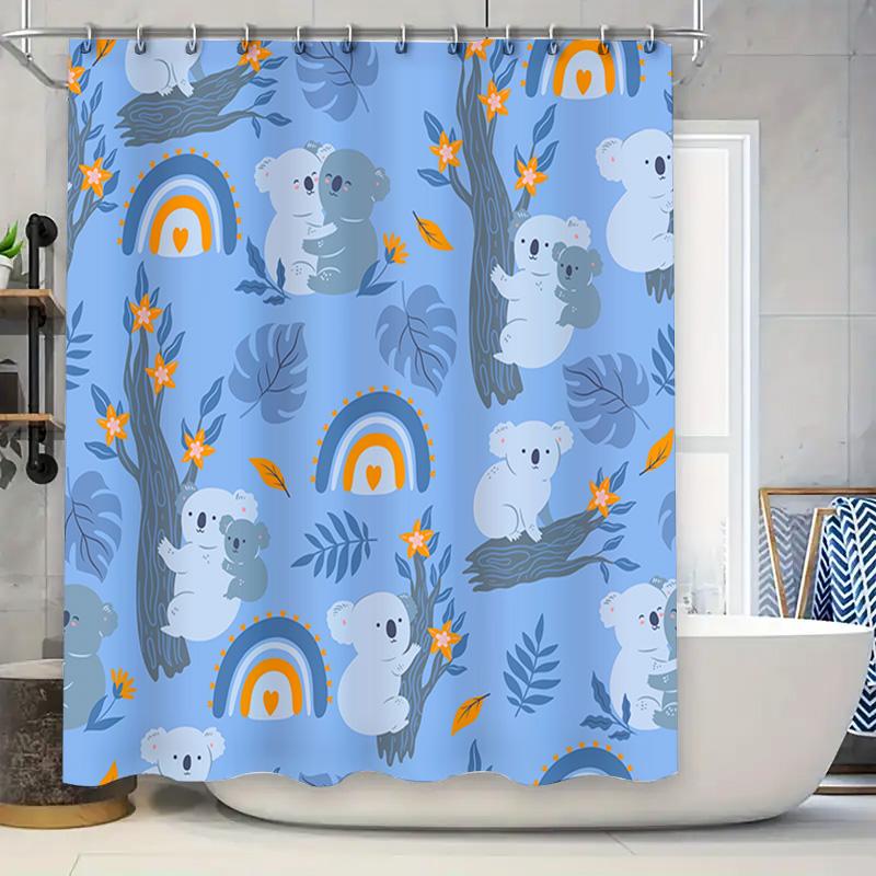 

Blue Shower Curtain With Koala Pattern Decorative Waterproof Fabric For Bathroom Blue Flowers Trees Rainbows Kawaii Home Decor W60H190(CM)-1 Pcs