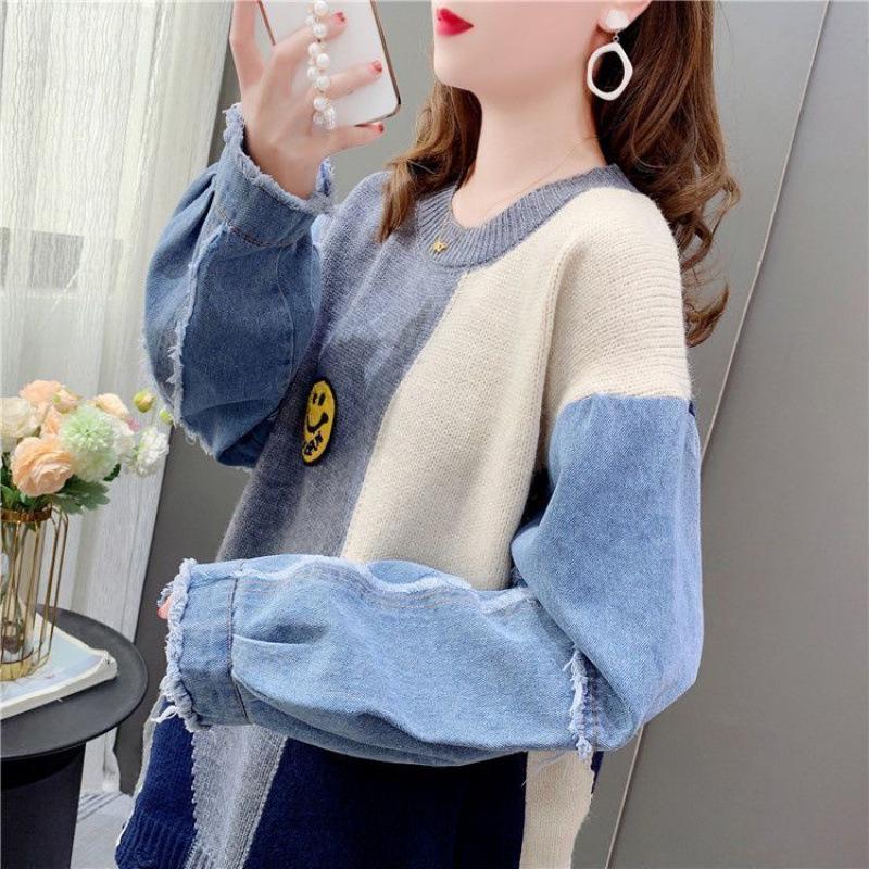 2024 ОсеньЗима Свободный трикотажный свитер из денима с вставками Корейский стиль круглый вырез для женщин XL suggested 120-130 jin серый 2726₽