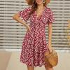 Ladies Suspender Skirt Summer Flower Short Sleeve Wrap V-Neck A Line Medium Length Dress Print