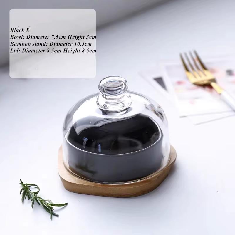 Керамическая десертная миска с бамбуковым подносом и стеклянной крышкой – скандинавская тарелка для закусок, фруктов и мороженого Black S 60ml