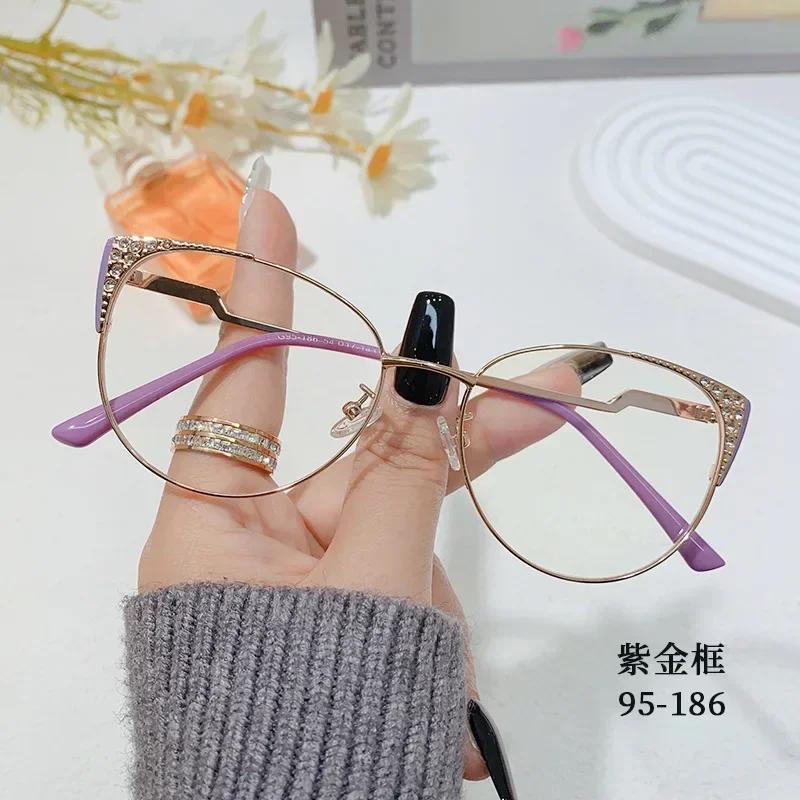Anti Blue Light Glasses Cat Eye Vintage Diamond Metal Frame Women Optical Flat Mirror Eyewear