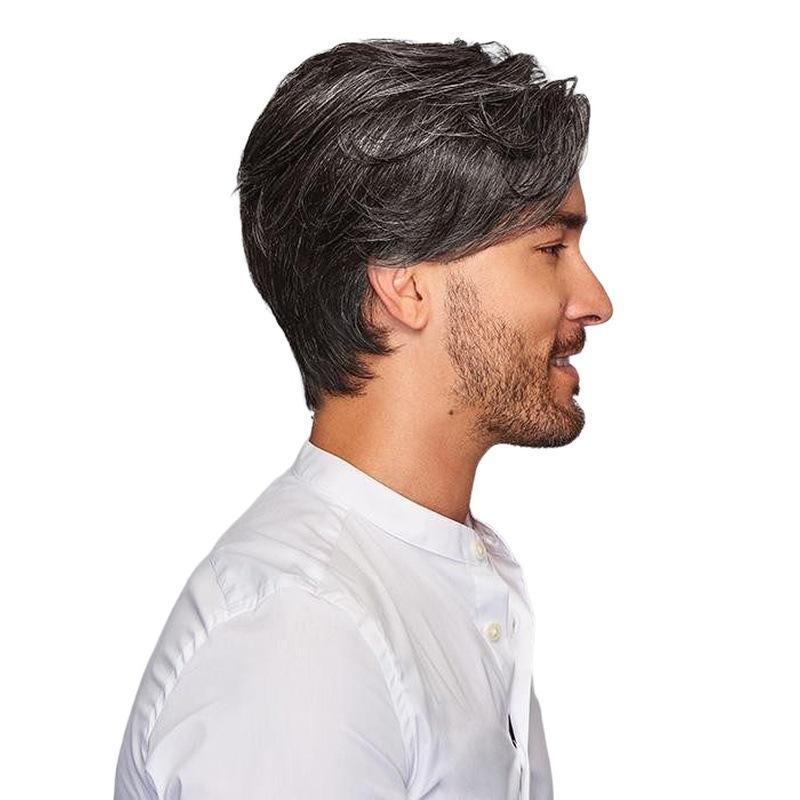 Synthetische Perücke, kurze Perücken, männliche natürliche lockige Perücken für Männer, gemischte schwarze weiße geschichtete Perücke, hitzebeständige Faser, für den täglichen Gebrauch, Party, Cosplay