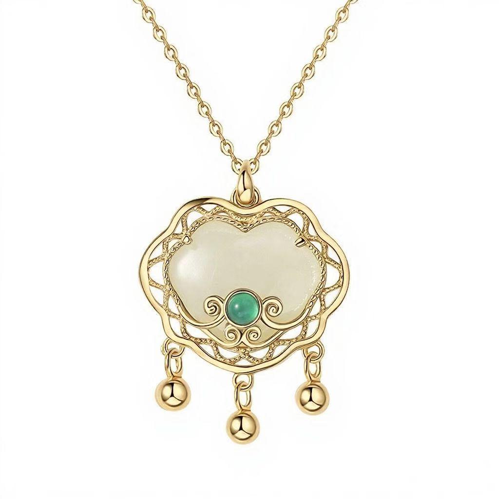 S925 Sterling Silver Hetian Jade Lock Bell Pendant Necklace - Retro Chinese Style for Women 925 Silver