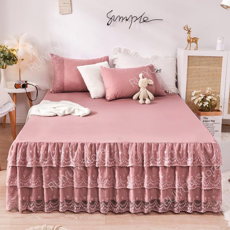 Solid Princess 3 Layers Bed Skirt Non-slip Mattress Cover Lace Ruffled Bed Skirt Bedsheet Bedroom Bed Cover Bed Skirt Bedspread