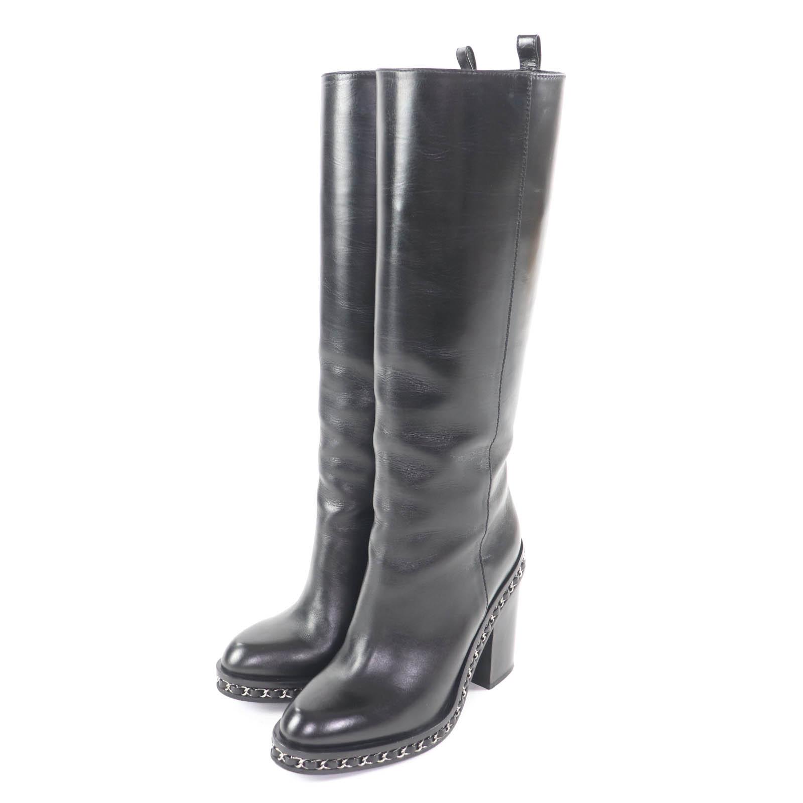 

Great CHANEL Knee-high boots black leather Women 36 G30379 Used