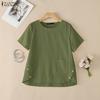 Women Casual Round Neck Solid Color Loose Short Sleeve Blouse