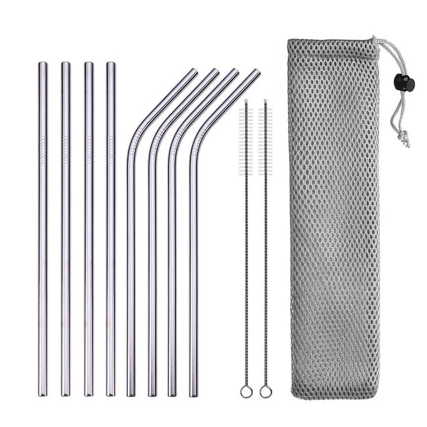 Reusable Drinking Straw 304 Stainless Steel Straws Straight Bent Metal Straw with Cleaner Brush Pouch Wholesale
