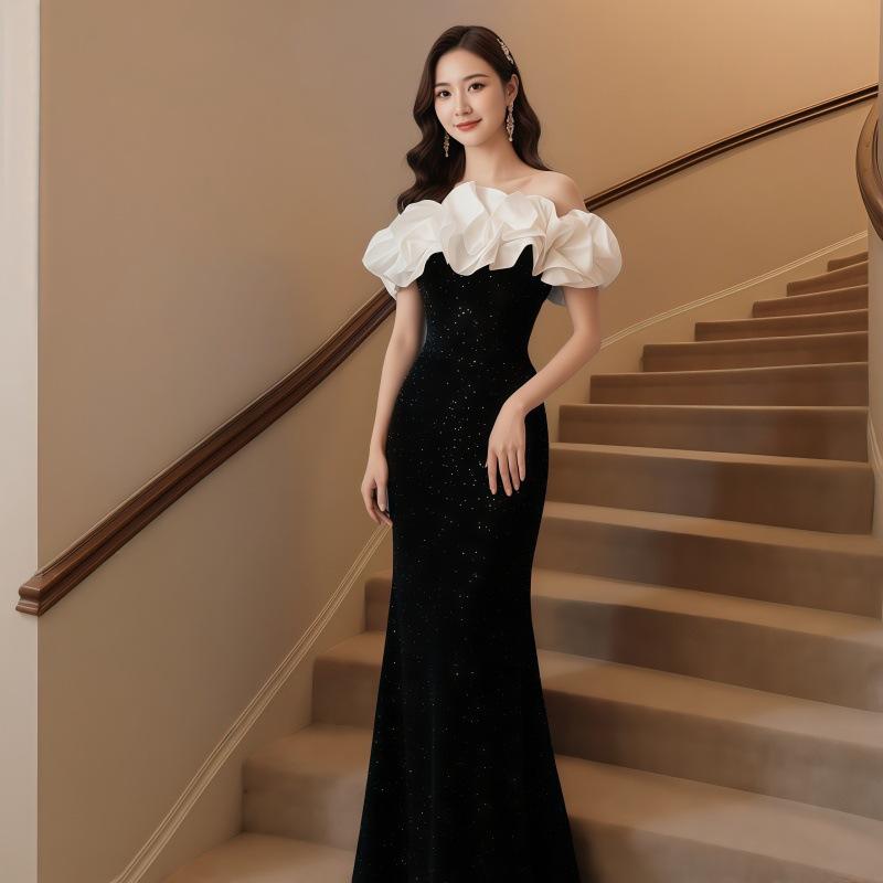 Premium One-word Shoulder Evening Dress Niche Fishtail Host Annual Meeting Dress Sequined Temperament Banquet Dress Women