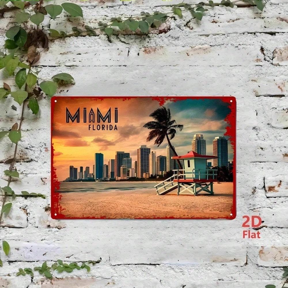 Vintage Miami Beach Florida Metal Wall Art 8x12 Retro Tin Sign South Beach Sunset Skyline Palm Trees Ocean View Home Decor